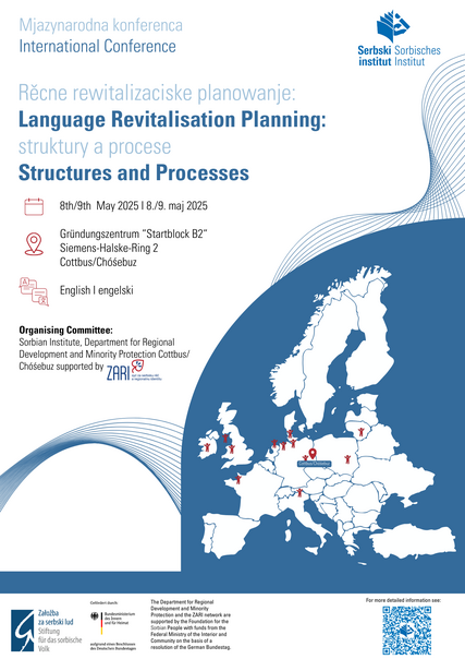 Plakat zur International Conference “Language revitalisation planning: structures and processes” am 08. und 09. Mai 2025 in Cottbus/Chóśebuz