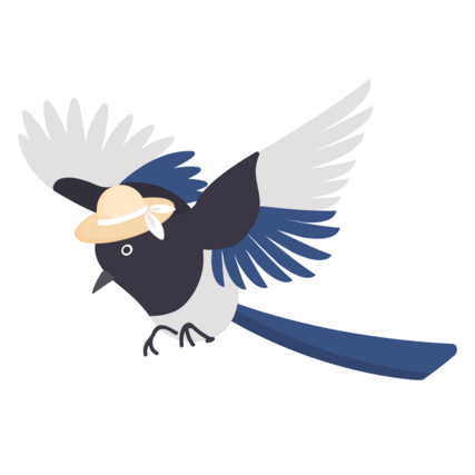 Vogel Elster mit schwarz-blauen Flügeln und beigem Sommerhut auf dem Kopf